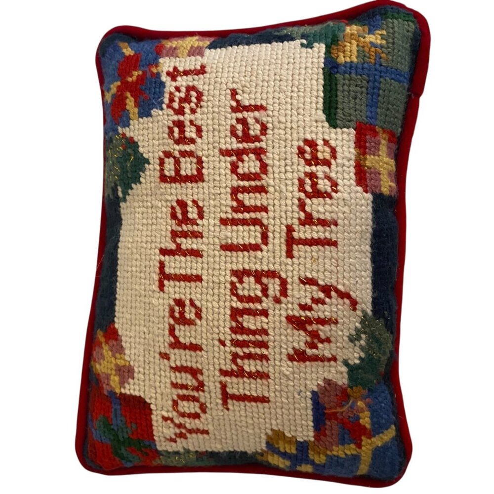 Vtg Needlepoint‎ Christmas Pillow Your'e The Best Thing Under My Tree Red Velvet